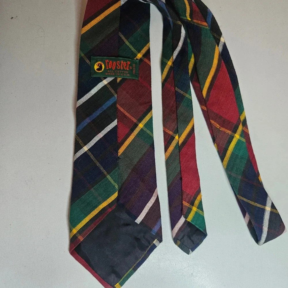 Vintage Rooster Mens Plaid Cotton Necktie Multi Color Made in USA Preppy Tie